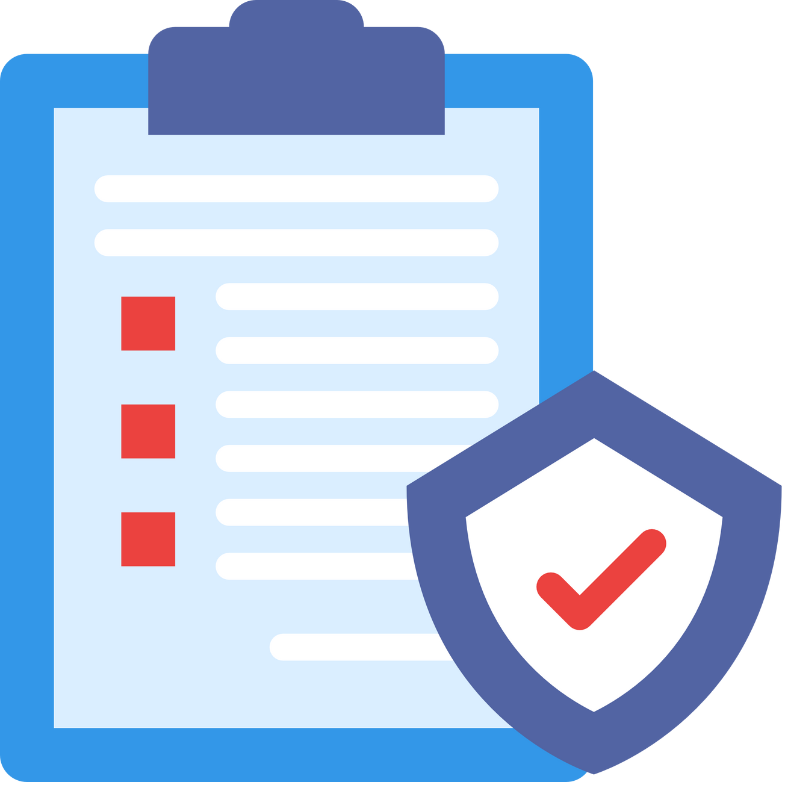 Illustration of health chart clipboard, and shield with checkmark