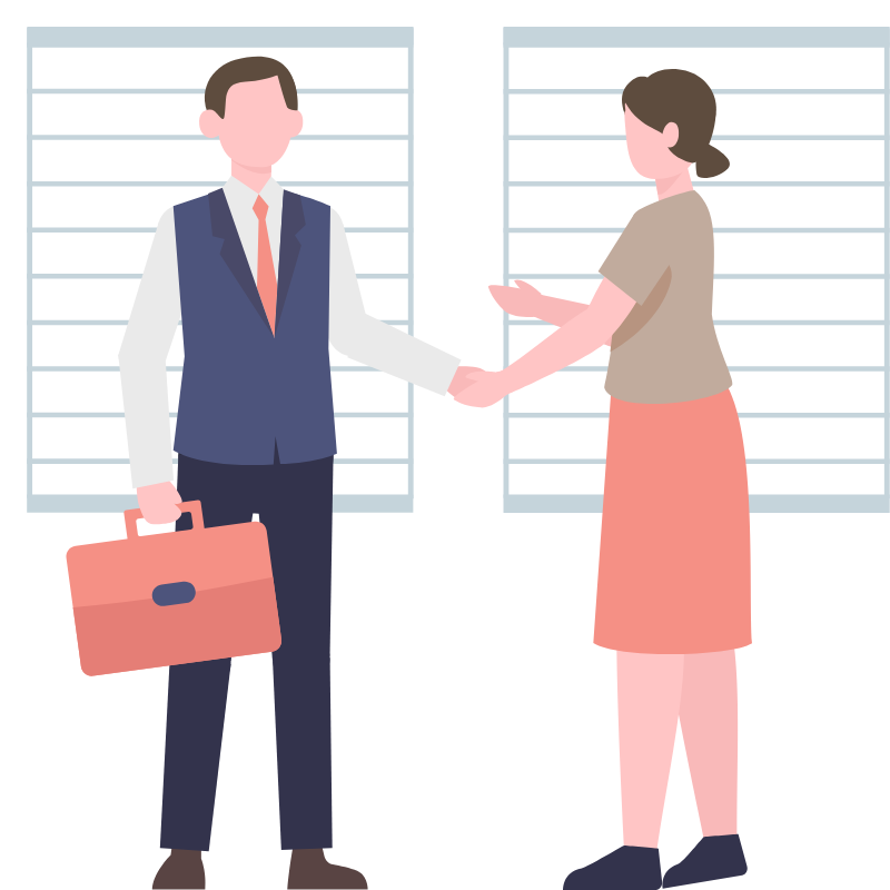 Two business people meeting. The male is holding a briefcase, the female is gesturing.