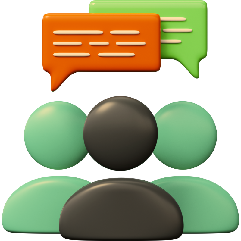 Three bubble-headed illustrations of generic green people with talking bubbles over the group