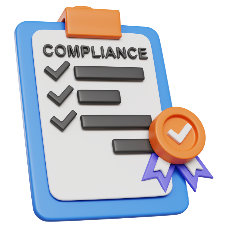 Illustration of a clipboard that says Compliance with checkmarks next to black boxes and a ribbon with a checkmark.