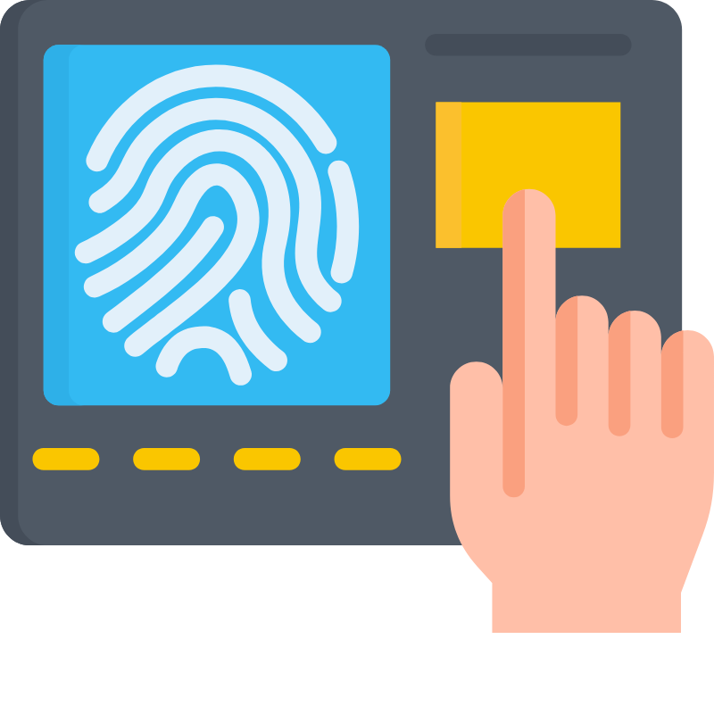 Cartoon of a hand placing pointing finger on a yellow pad to scan the fingerprint