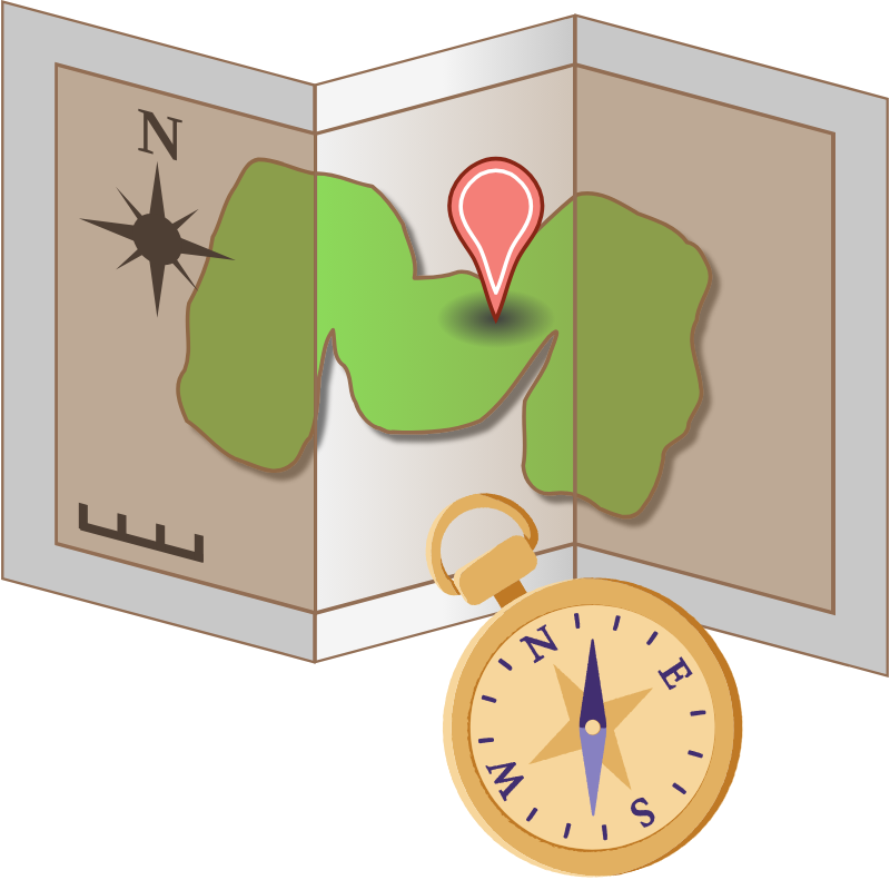 Cartoon paper map with a cartoon compass.