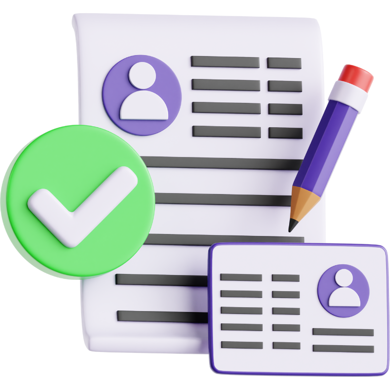 Icon graphic of generic resume, pencil, id, and green checkmark