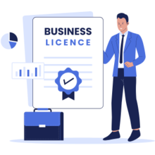 Graphic of business license, man in suit, briefcase and bar chart