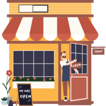 cartoon drawing of front of a shop with open signs