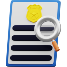 Cartoon illustration of a police report with police badge at the top of the page and a magnifying glass in the front of the page.